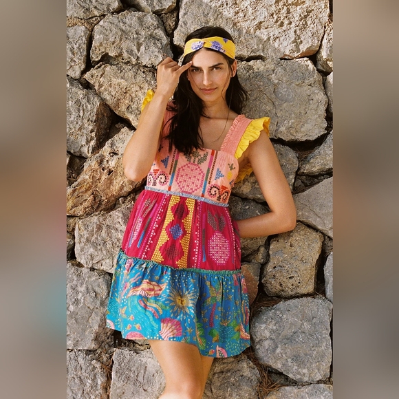 Colorful Patchwork Dress with Ruffle Sleeves - Picture 2 of 7